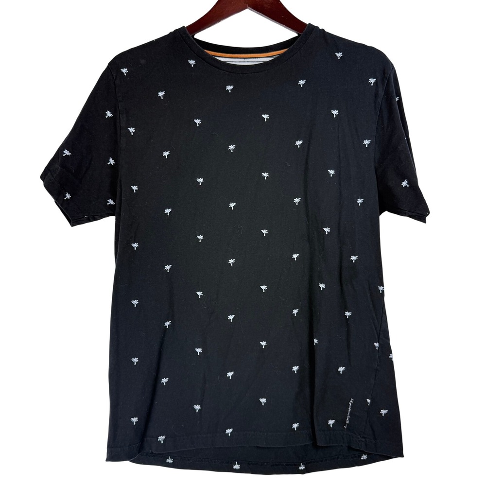 Denim & Flower T-Shirt Mens L‎ Black Palm Tree Embroidered Tropical Beachy Boho